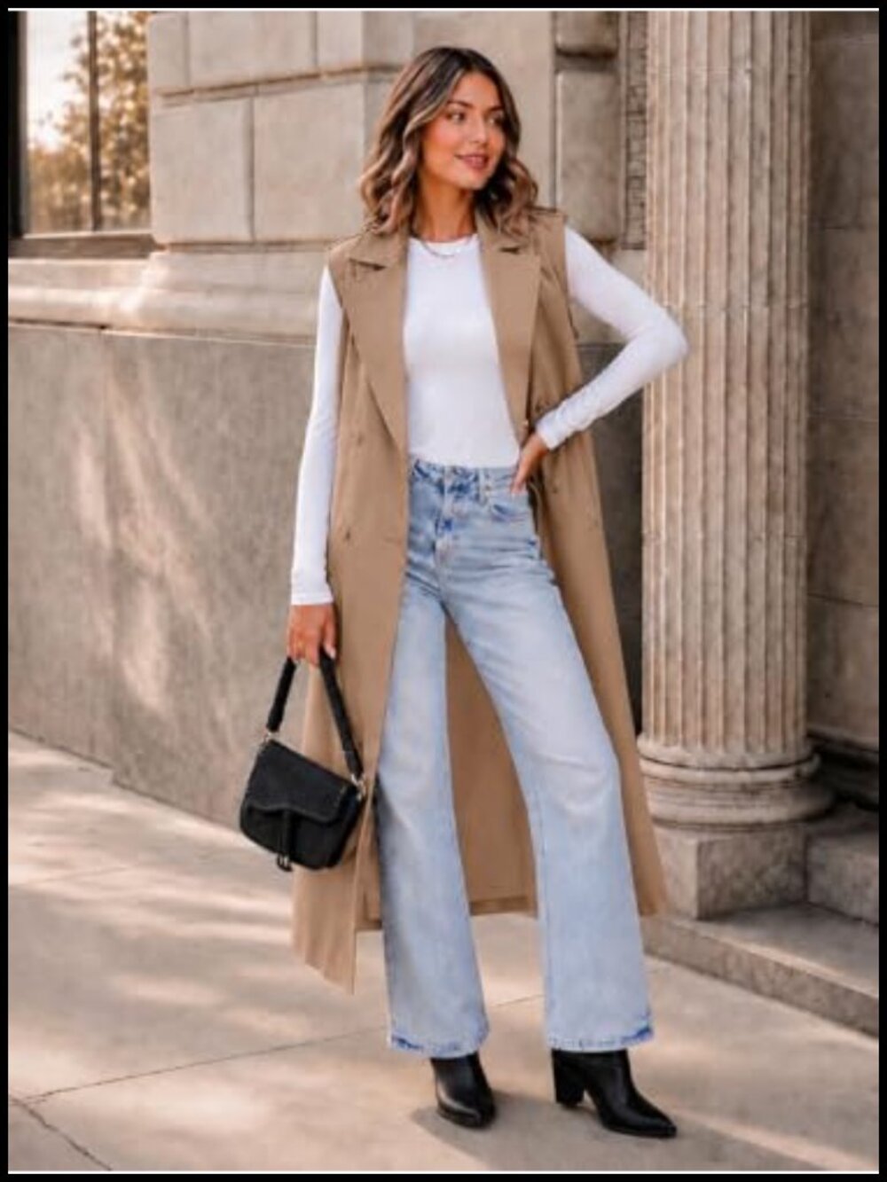 Sleeveless Double Breasted Trench Vest with Self Belt Notch Lapel Pockets - Picture 3 of 4